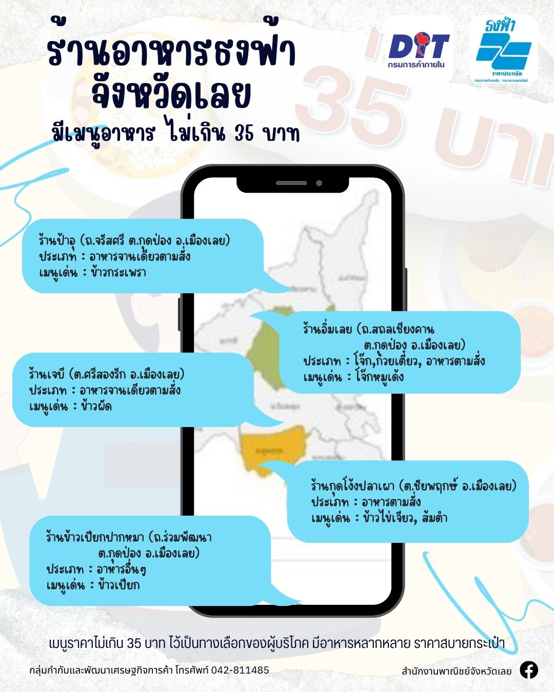 📢สำนักงานพาณิชย์จังหวัดเลย ขอประชาสัมพันธ์ ร้านค้าธงฟ้าจังหวัดเลยที่มีเมนูอาหารไม่เกิน 35 บาท ไว้เป็นทางเลือกของผู้บริโภคมีอาหารหลากหลายราคาสบายกระเป๋า